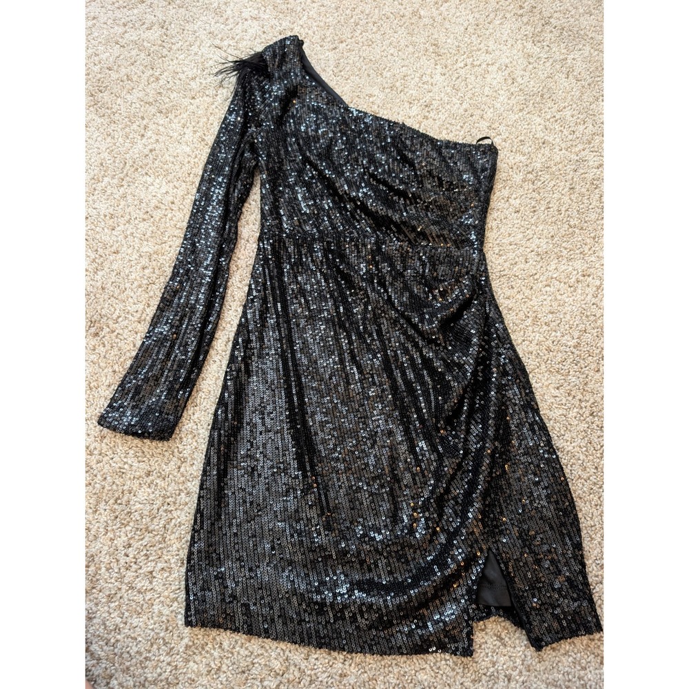 Windsor Black Sequin One Shoulder Mini Dress Feather Trim Long Sleeve Side Slit
